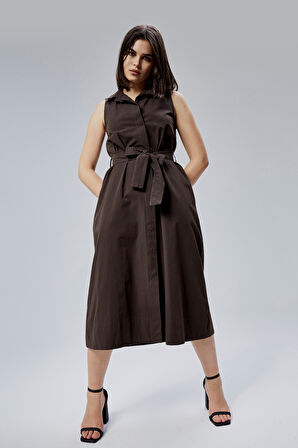 Kahverengi Regular Fit Kuşak Kemerli Elbise