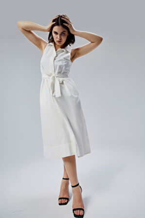 Ekru Regular Fit Kuşak Kemerli Elbise