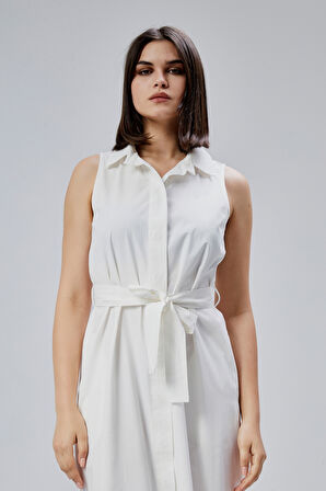 Ekru Regular Fit Kuşak Kemerli Elbise