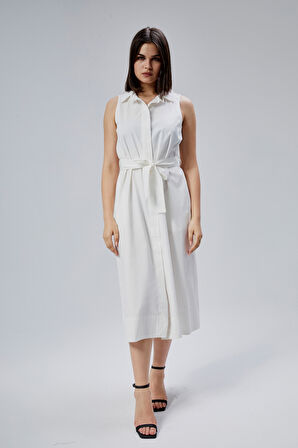 Ekru Regular Fit Kuşak Kemerli Elbise