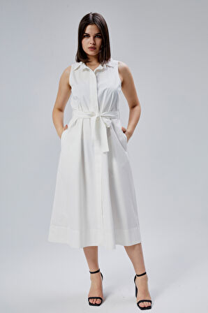 Ekru Regular Fit Kuşak Kemerli Elbise