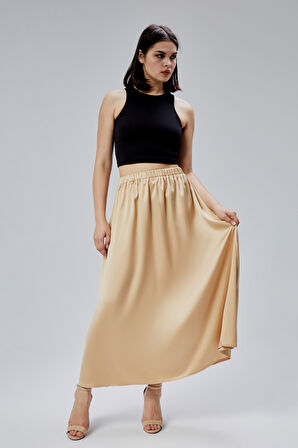 Vizon Regular Büzgülü Beli Lastikli Saten Etek