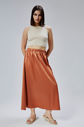 Kiremit Regular Büzgülü Beli Lastikli Saten Etek