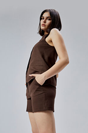 Kahverengi Regular Cepli Dokuma Şort