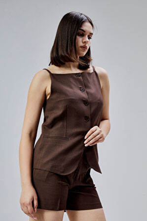 Kahverengi Regular Cepli Dokuma Şort