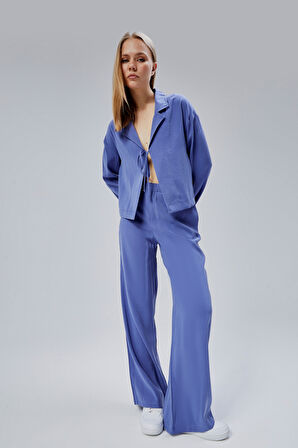 İndigo Beli Lastikli Bol Paça Pantolon