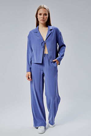 İndigo Beli Lastikli Bol Paça Pantolon