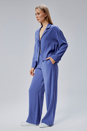 İndigo Beli Lastikli Bol Paça Pantolon