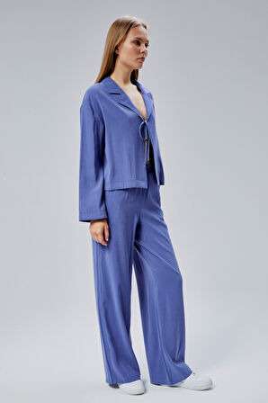 İndigo Beli Lastikli Bol Paça Pantolon