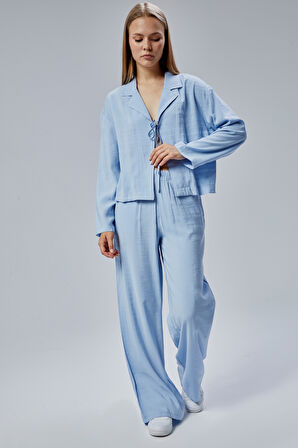 Bebek Mavisi Beli Lastikli Bol Paça Pantolon