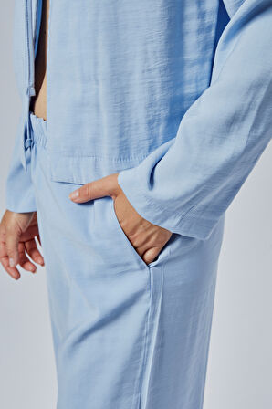 Bebek Mavisi Beli Lastikli Bol Paça Pantolon