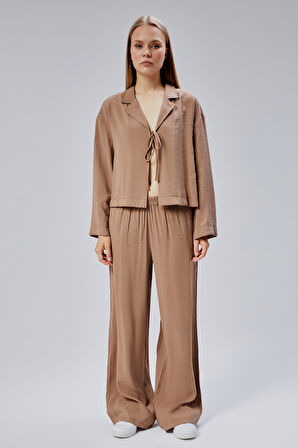 Açık Kahverengi Beli Lastikli Bol Paça Pantolon