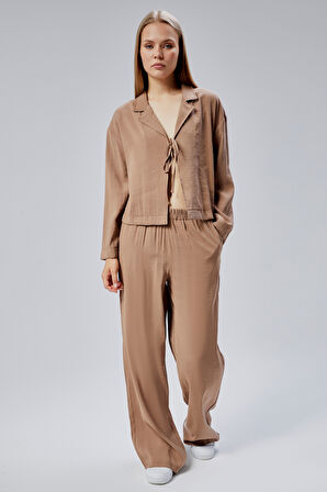 Açık Kahverengi Beli Lastikli Bol Paça Pantolon