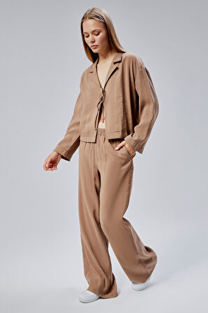 Açık Kahverengi Beli Lastikli Bol Paça Pantolon