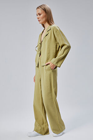 Açık Haki Beli Lastikli Bol Paça Pantolon