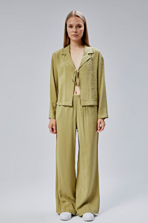 Açık Haki Beli Lastikli Bol Paça Pantolon