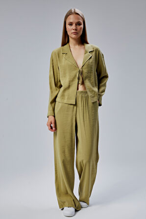 Açık Haki Beli Lastikli Bol Paça Pantolon