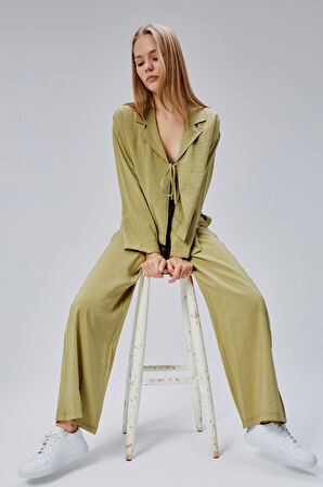 Açık Haki Beli Lastikli Bol Paça Pantolon