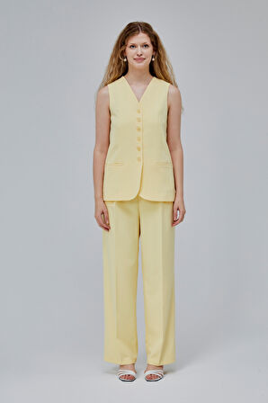 Sarı Düğmeli Regular Astarlı Dokuma Yelek