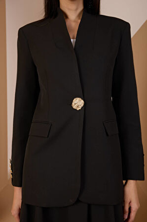 Siyah Salaş Kesim Düğme Detaylı Dokuma Blazer Ceket