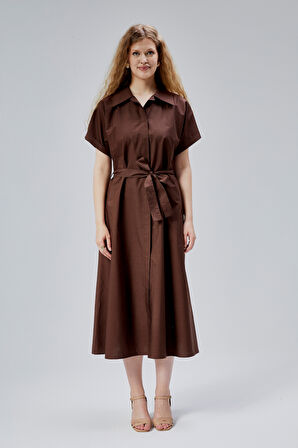 Kahverengi Boydan Düğmeli Gömlek Yaka Poplin Elbise