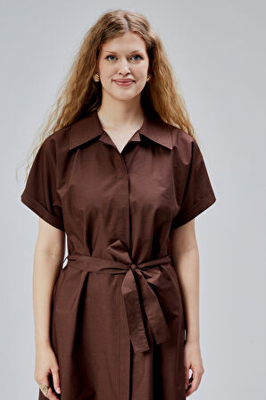 Kahverengi Boydan Düğmeli Gömlek Yaka Poplin Elbise