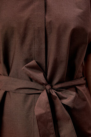 Kahverengi Boydan Düğmeli Gömlek Yaka Poplin Elbise