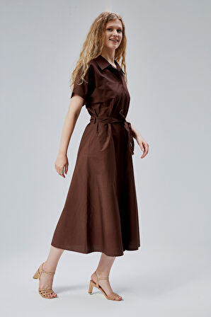 Kahverengi Boydan Düğmeli Gömlek Yaka Poplin Elbise