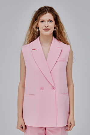 Pembe Oversize Kruvaze Yaka Astarlı Yelek
