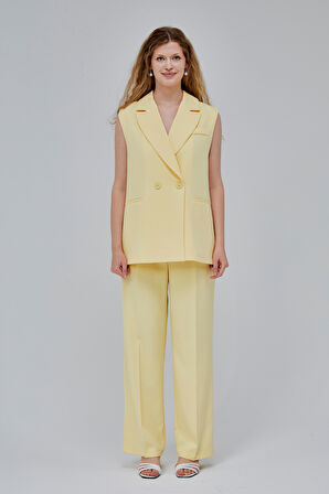 Sarı Oversize Kruvaze Yaka Astarlı Yelek