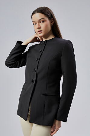 Siyah Bisiklet Yaka Regular Dokuma Ceket