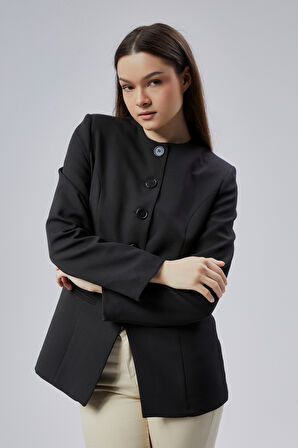 Siyah Bisiklet Yaka Regular Dokuma Ceket