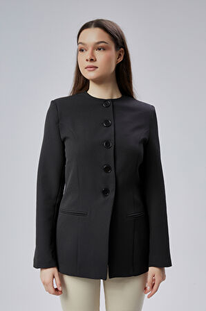 Siyah Bisiklet Yaka Regular Dokuma Ceket