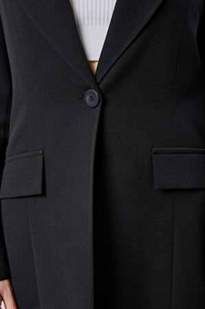 Siyah Kruvaze Uzun Blazer Ceket