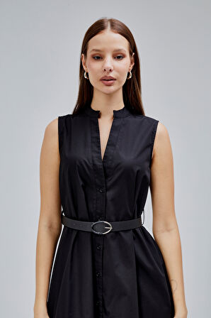 Siyah Regular C Yaka Kemerli Pamuklu Poplin Elbise