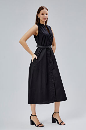 Siyah Regular C Yaka Kemerli Pamuklu Poplin Elbise