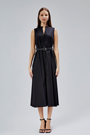 Siyah Regular C Yaka Kemerli Pamuklu Poplin Elbise