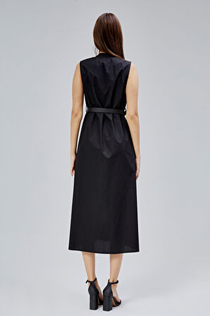 Siyah Regular C Yaka Kemerli Pamuklu Poplin Elbise