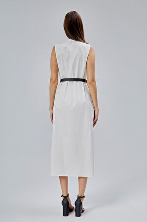 Ekru Regular C Yaka Kemerli Pamuklu Poplin Elbise
