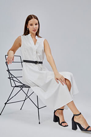 Ekru Regular C Yaka Kemerli Pamuklu Poplin Elbise