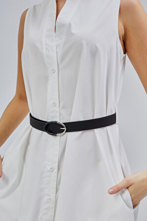 Ekru Regular C Yaka Kemerli Pamuklu Poplin Elbise