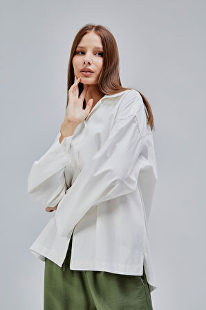 Ekru Oversize Poplin Gömlek