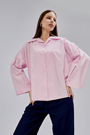 Pembe Oversize Poplin Gömlek