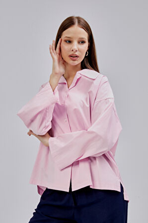 Pembe Oversize Poplin Gömlek