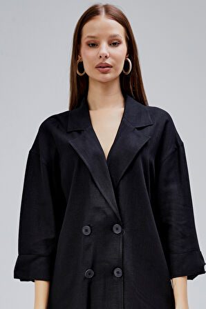 Siyah Oversize Yarım Kol Keten Takım