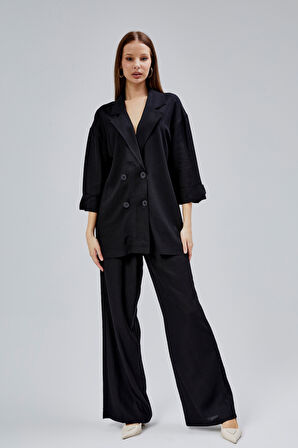 Siyah Oversize Yarım Kol Keten Takım