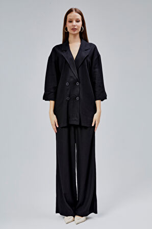 Siyah Oversize Yarım Kol Keten Takım