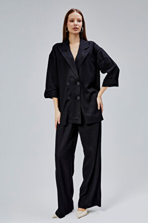 Siyah Oversize Yarım Kol Keten Takım