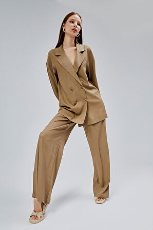 Toprak Oversize Yarım Kol Keten Takım