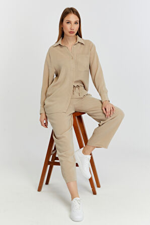 Kadın Bej Casual Salaş Kalıp Gömlek 